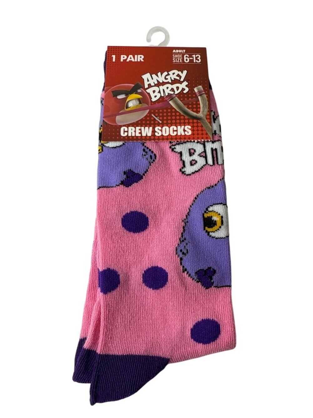 Angry Birds Pink Purple Crew Socks Polka Dot Graphic Novelty Fun Gift NWT